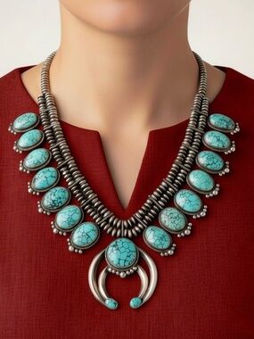 Authentic Navajo Esther Wood Sterling Silver Turquoise Squash Blossom Necklace